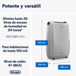 Deshumidificador - De'Longhi Tasciugo Aria Dry DDSX225, Extrae 21 l/día, Capacidad 2 l, Superficie 90m³, Función swing, Anticongelante, LCD, Blanco - Imagen 2