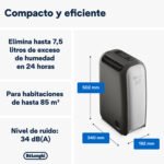 Deshumidificador - De'Longhi Tasciugo AriaDry Light DNS80, Extracción 7.5 l/día, Depósito de 2,8 l, Superficia de 85 m³, Pantalla LCD, Ionizador, Gris - Imagen 2