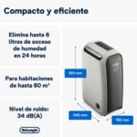 Deshumidificador - De'Longhi Tasciugo AriaDry Light DNS65, Extracción de 6 l/día, Depósito de 2.8 l, Superficie máxima 75 m³, Ionizador, Gris - Imagen 2