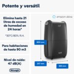 Deshumidificador - De'Longhi Tasciugo AriaDry DDSX220WFA, Extracción de 21 l/día, Capacidad 5 l, Superficie 90 m³, Secado ropa, Wifi integrado, Negro - Imagen 2