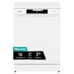 Lavavajillas - Hisense HS643C90W, 16 servicios, 6 programas, 59.9 cm, Tercera bandeja, Apertura automática, Blanco